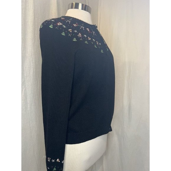CHARTER CLUB Christmas Women's Cardigan Sweater Button up Size Medium Black - Picture 8 of 16